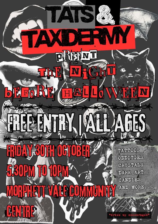 The Night Before Halloween poster in black, white and red ransom-note collage style with a snarling cat, bats and barbed wire, listing free entry, all ages, Friday 30th October, 5.30pm to 10pm at Morphett Vale Community Centre