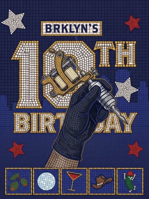 BRKLYN's 10th Birthday poster illustrated as a blue and gold tile mosaic, with a gloved hand holding a tattoo machine over a big number ten, stars and a row of icons along the bottom