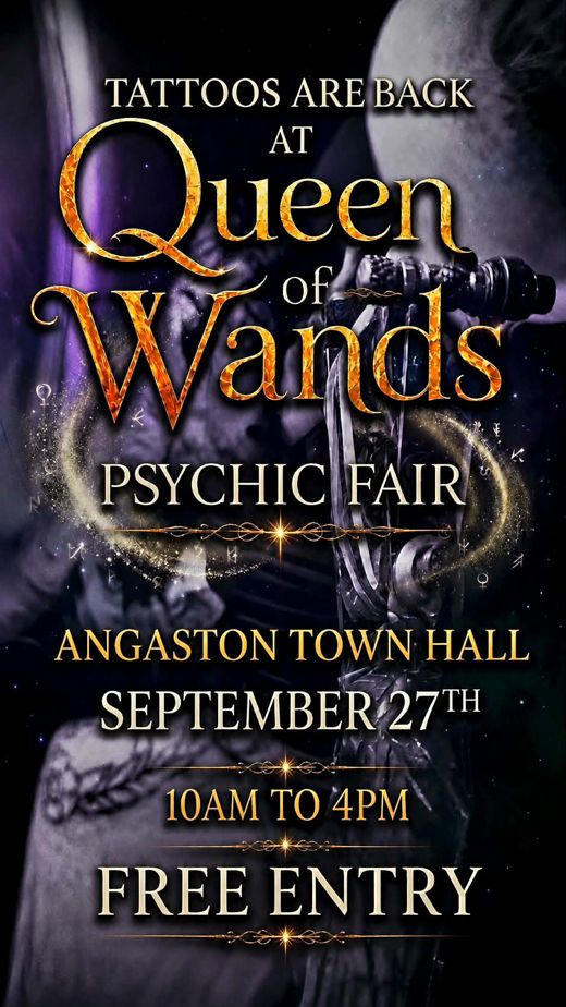 Queen of Wands Psychic Fair poster with ornate gold lettering over a dark purple tarot illustration, reading tattoos are back, Angaston Town Hall, September 27th, 10am to 4pm, free entry