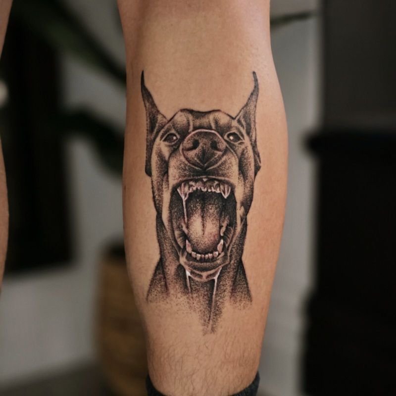 Stippled black and grey doberman with bared teeth, tattooed on a calf